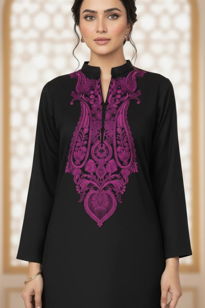 Black Suroor Linen Kurta with Purple Embroidery