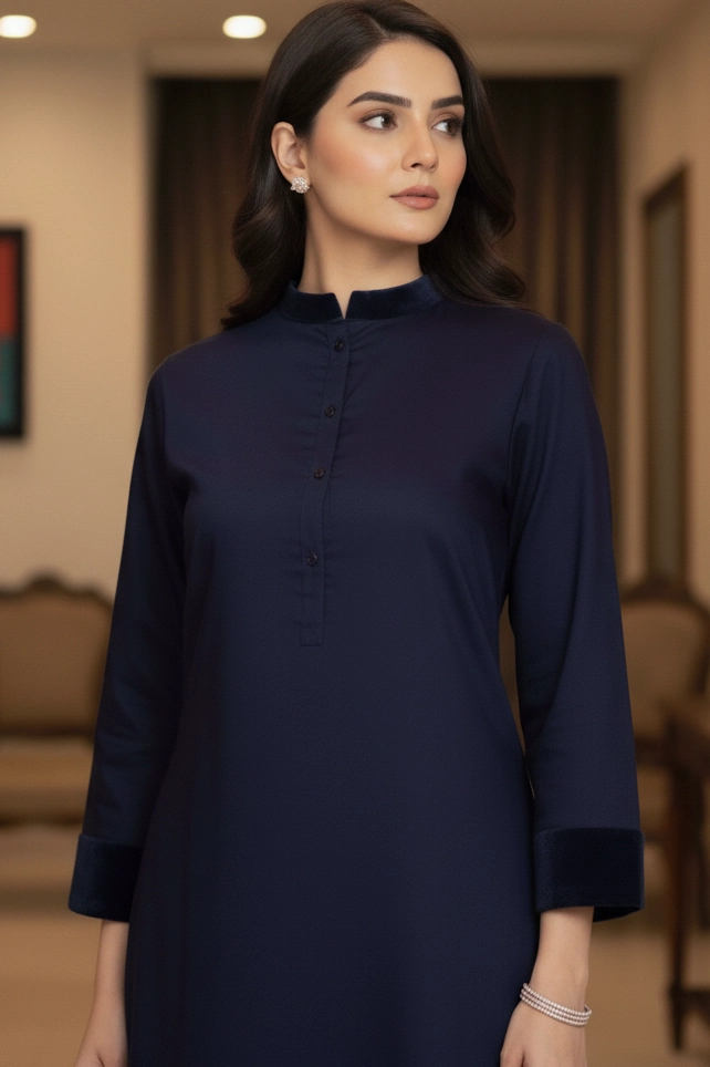 Navy Sultan Easy Care Linen Kurta with Velvet Cuff & Collar