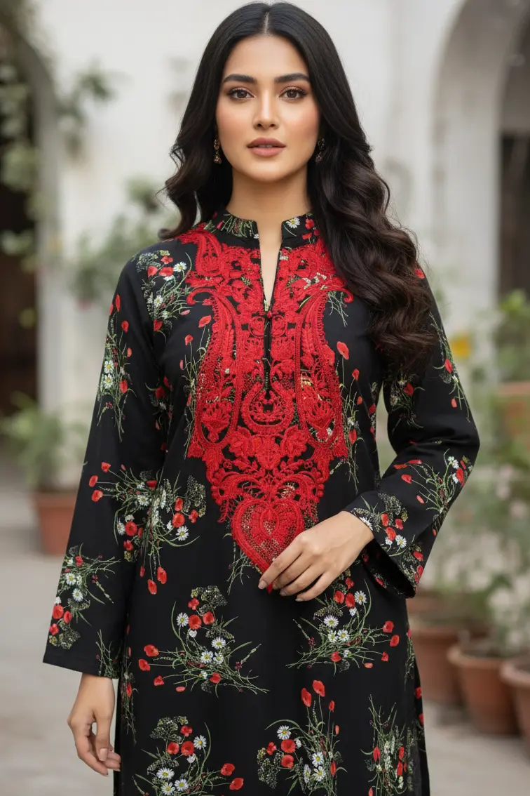 Black Azeem Linen Kurta with Red Embroidery