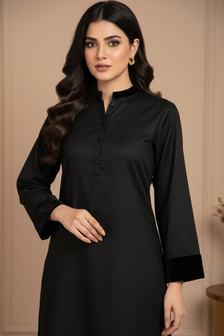Black Iqbal Easy Care Linen Kurta with Velvet Cuff & Collar