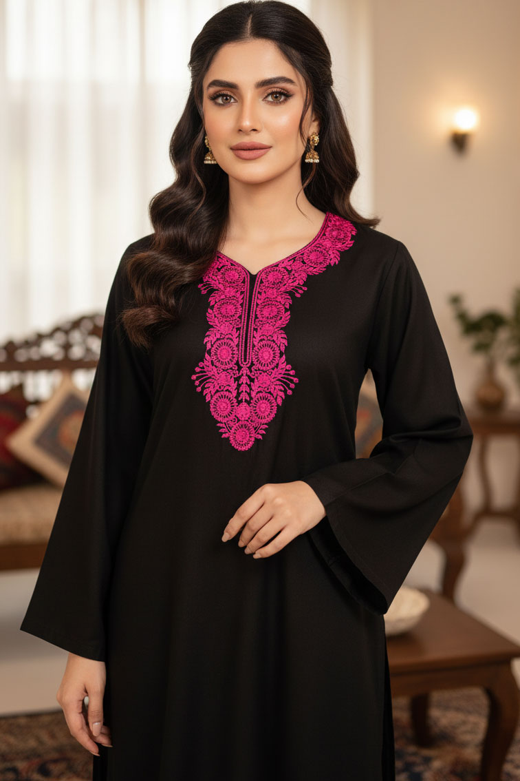 Black Muhaymin Linen Kurta with Pink Embroidery