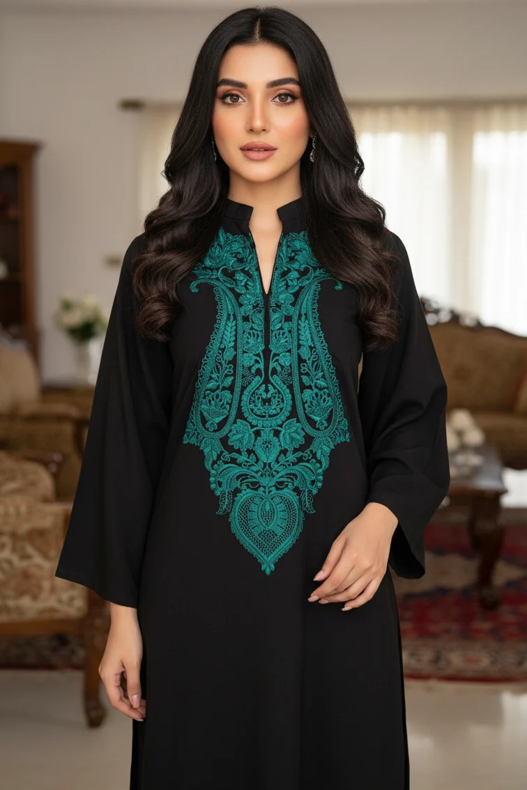 Black Nilofer Linen Kurta with Green Embroidery