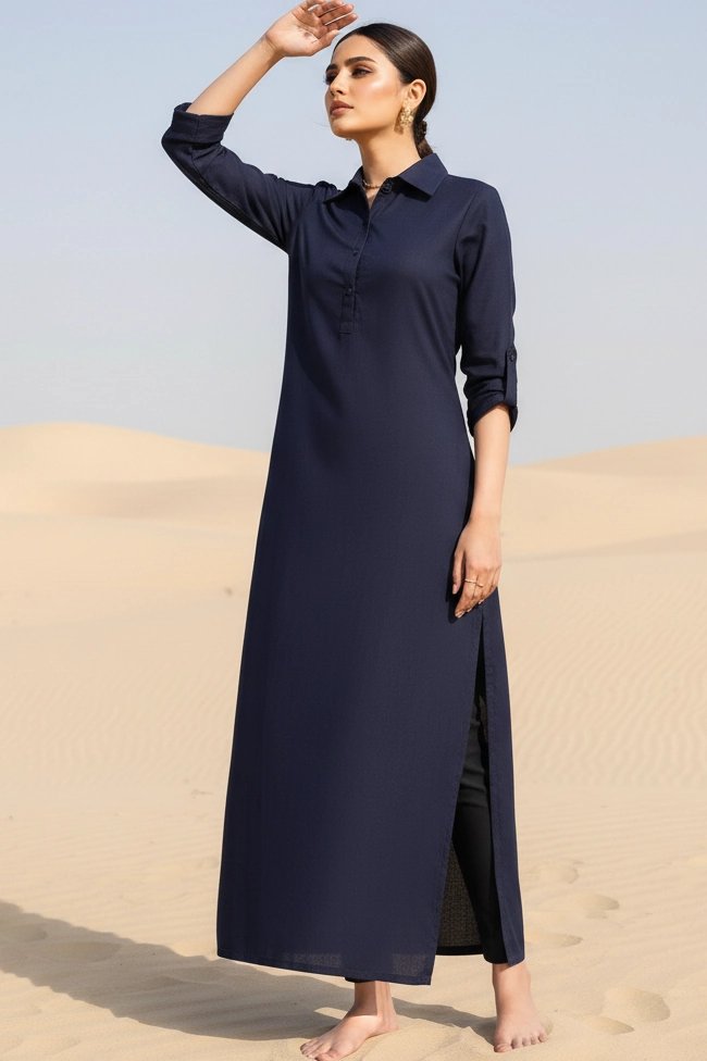 Navy Nayir Ultra Long  Easy Care Linen Kurta