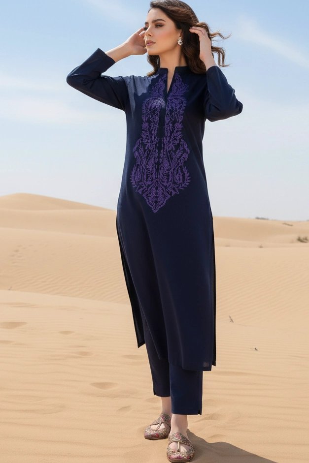 Navy Luma Easy Care Linen Kurta with Navy Embroidery