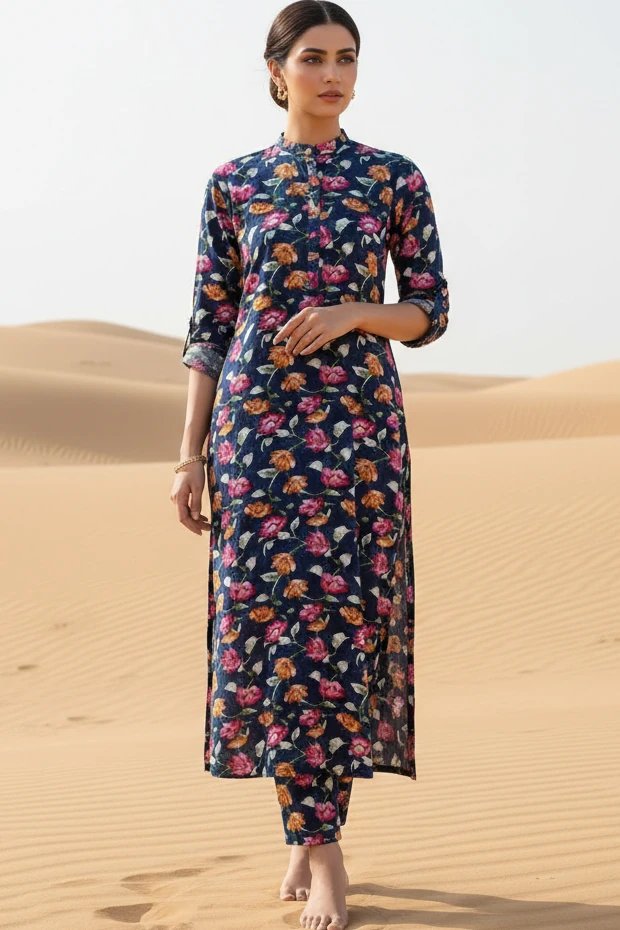 Two Piece: Teal Misk Linen Kurta with Trouser