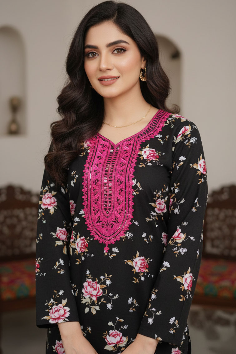Black Sarmaya Linen Kurta with Pink Embroidery