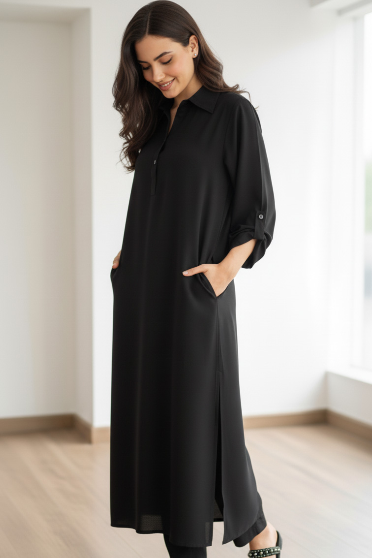 Black Zeenat-e-Shab Linen Kurta