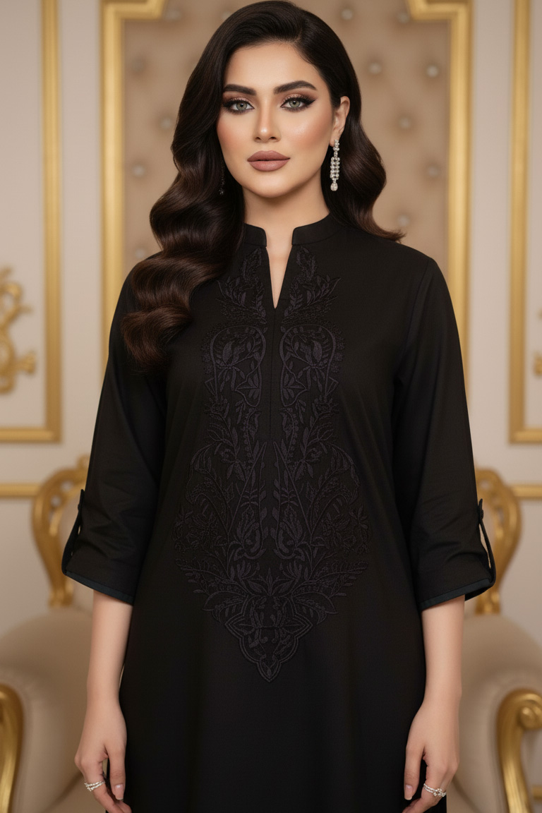 Black Wafa Linen  Kurta with Black Embroidery