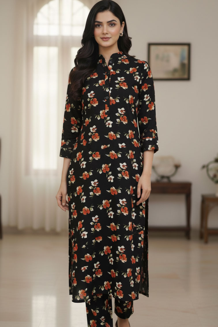 Two Piece Black Bahaar-e-Subh Nayab Raat Linen Kurta with Trouser