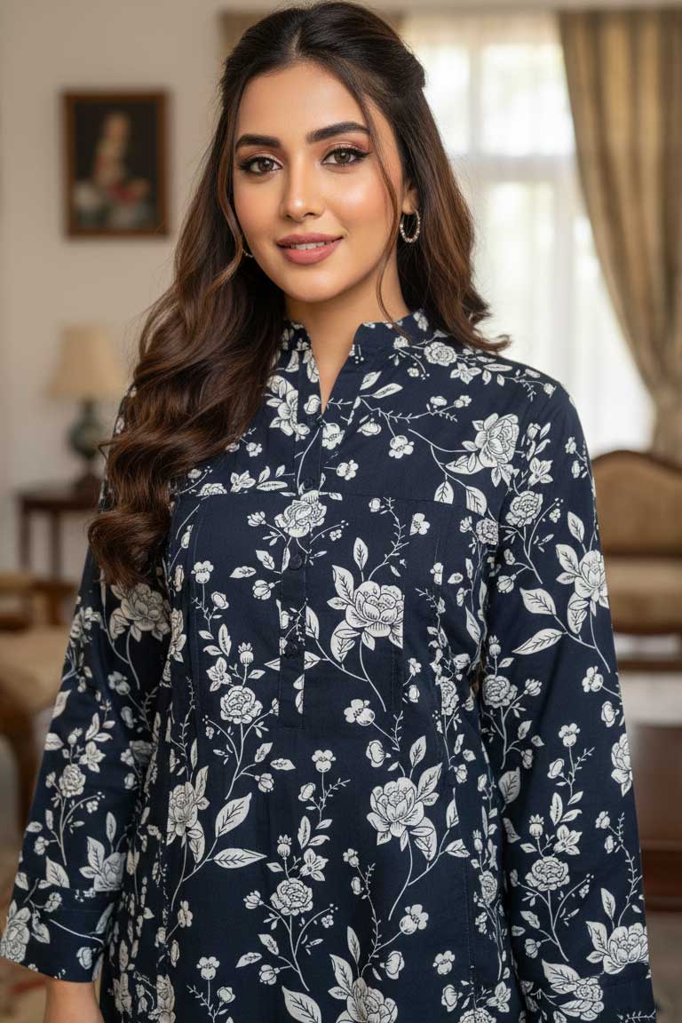 Navy Bad-e-Sheerin Pleated Linen Kurta