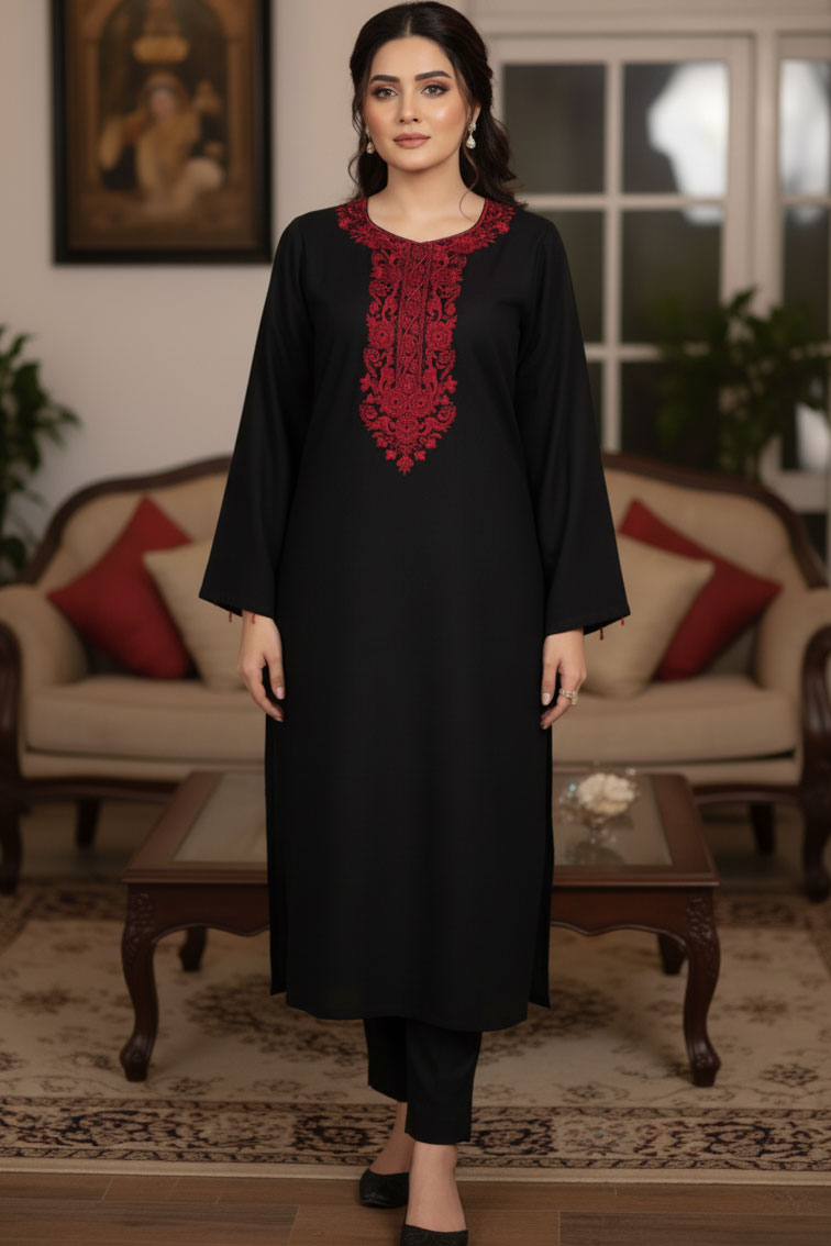 Black Sadaqat Linen Kurta with Maroon Embroidery