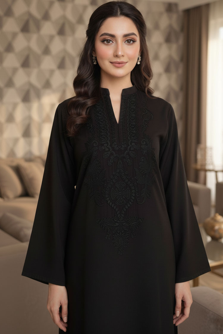 Black Aftab Linen Kurta with Black Embroidery