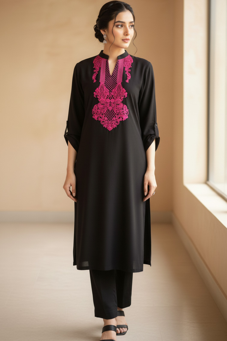 Black Bahar-e-Mulaayim Linen Kurta with Pink Embroidery