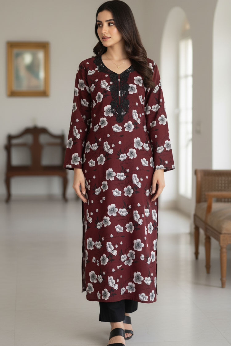 Maroon Dilkash Saaz Linen Kurta with Black Embroidery