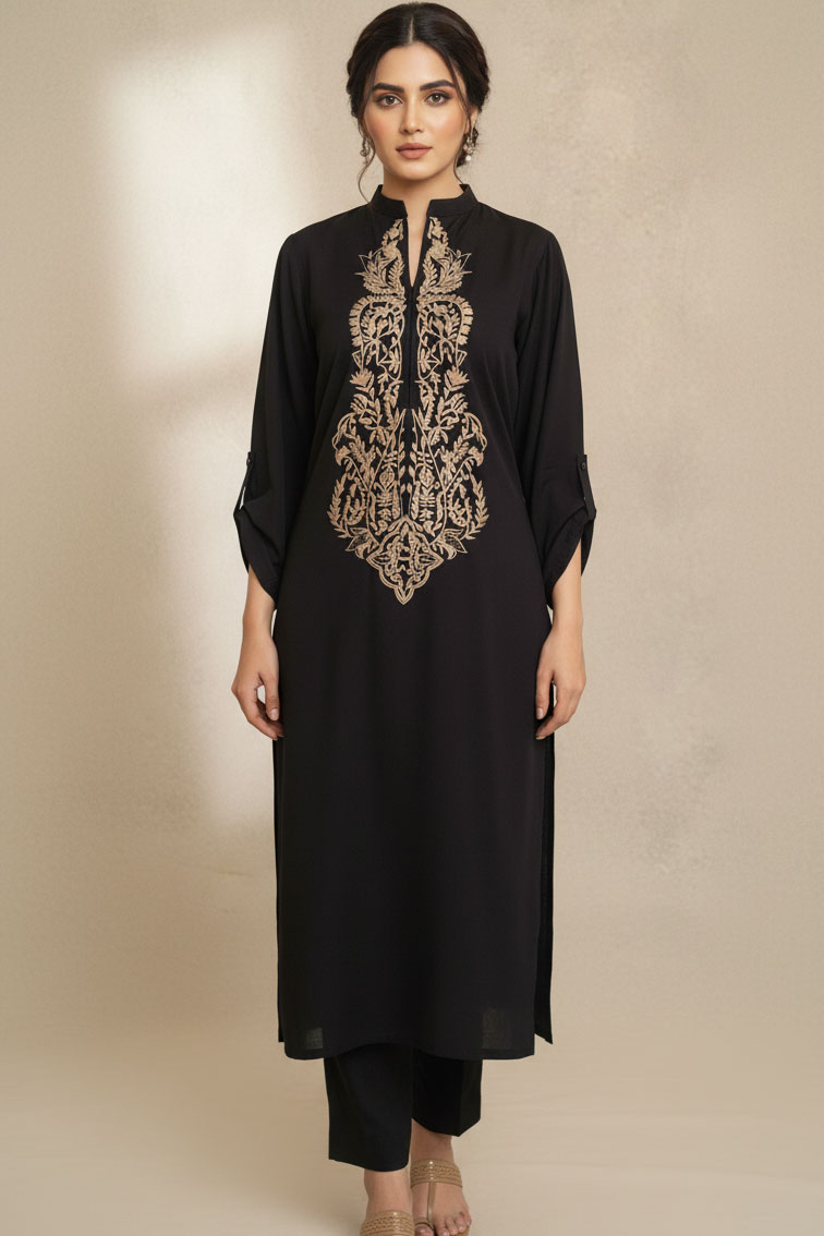 Black Haliya Linen Kurta with Skin Embroidery