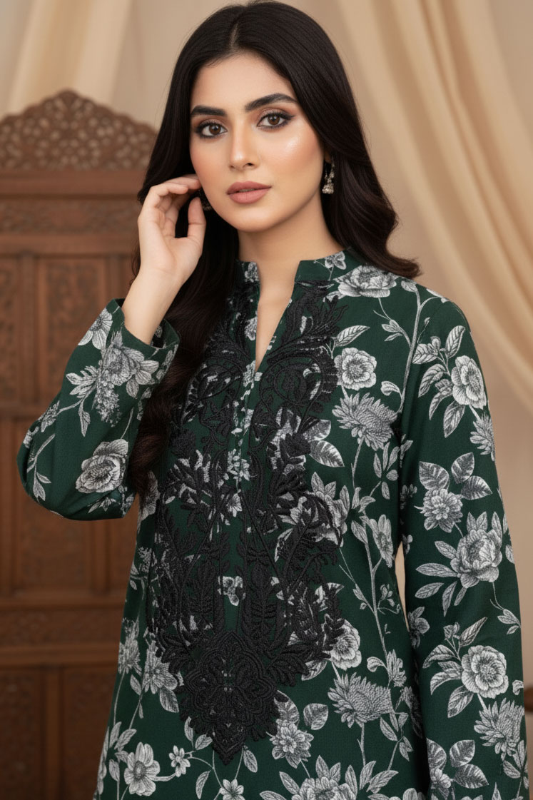 Bottle Green Gulrang Linen Kurta with Black Embroidery