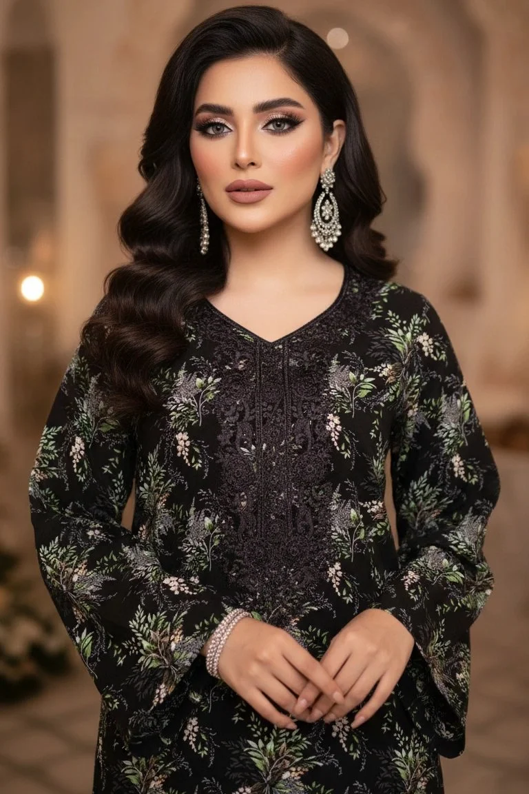 Sitaron Ka Safar Linen Kurta With Black Embroidery