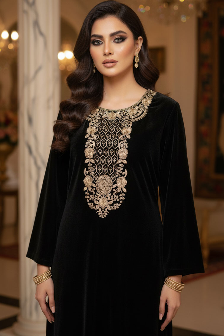 Two Piece: Black Badal Velvet Kurta with Trouser and Skin Embroidery