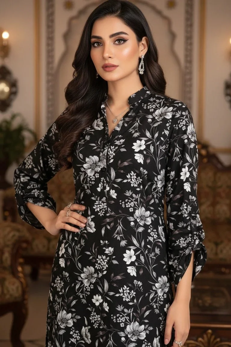 Two Piece: Black Khushboo-e-Khayal  Linen Kurta with Trouser