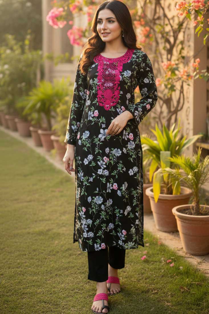 Black Zarafshan Linen Kurta with Pink Embroidery