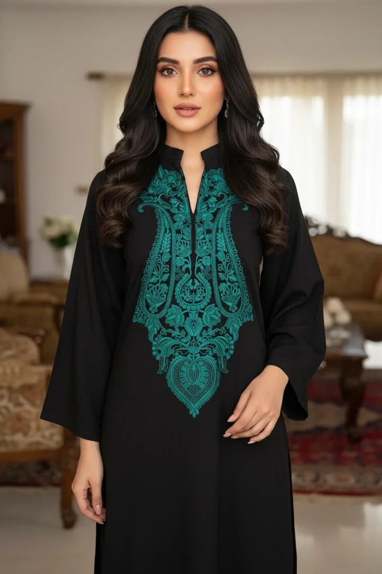 Black Nilofer Linen Kurta with Green Embroidery