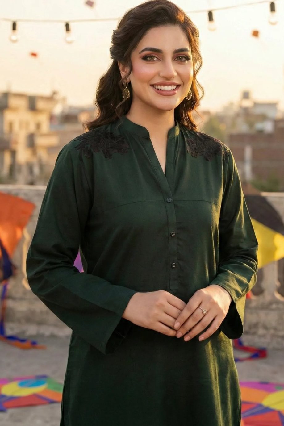 Bottle Green Pakeezah Easy Care Linen Kurta with Embroidery