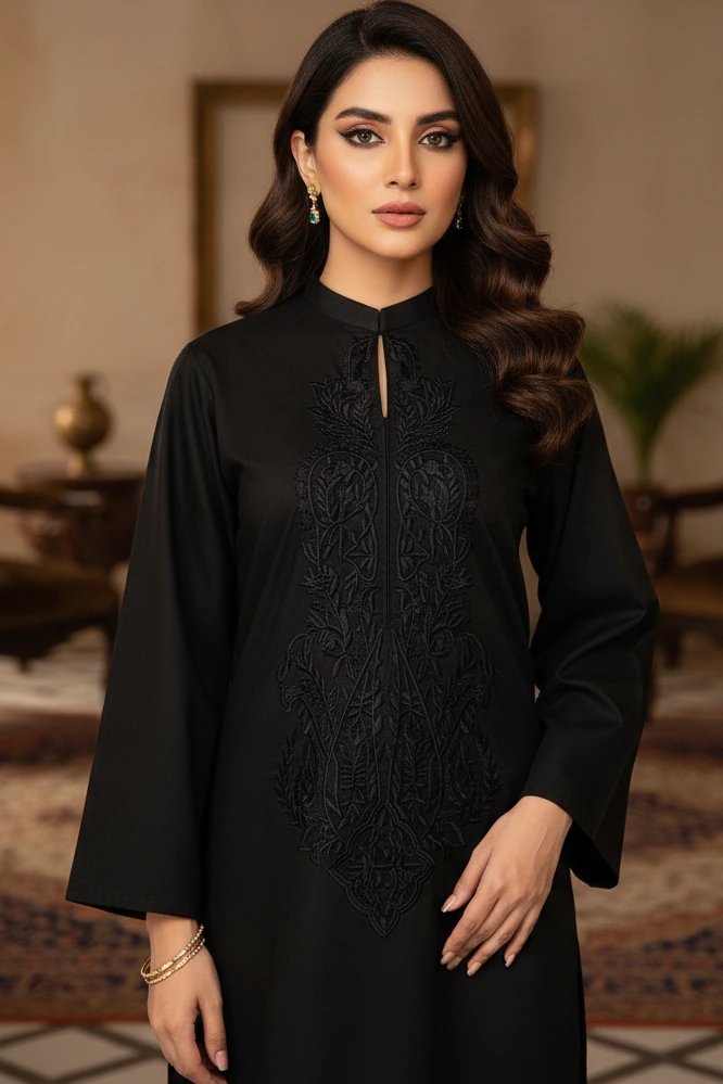 Black Jahangeer Easy Care Linen Kurta with Black Embroidery