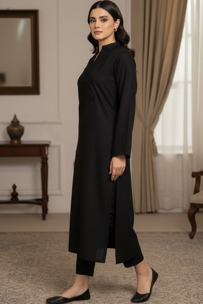 Black Qaiser Linen Kurta with Black Embroidery