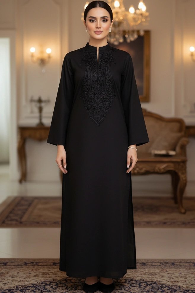 Black Shahana Linen Kurta with Black Embroidery