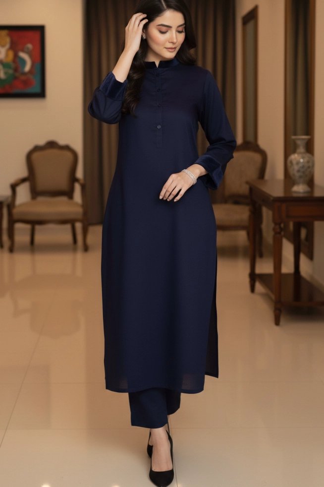 Navy Sultan Easy Care Linen Kurta with Velvet Cuff & Collar