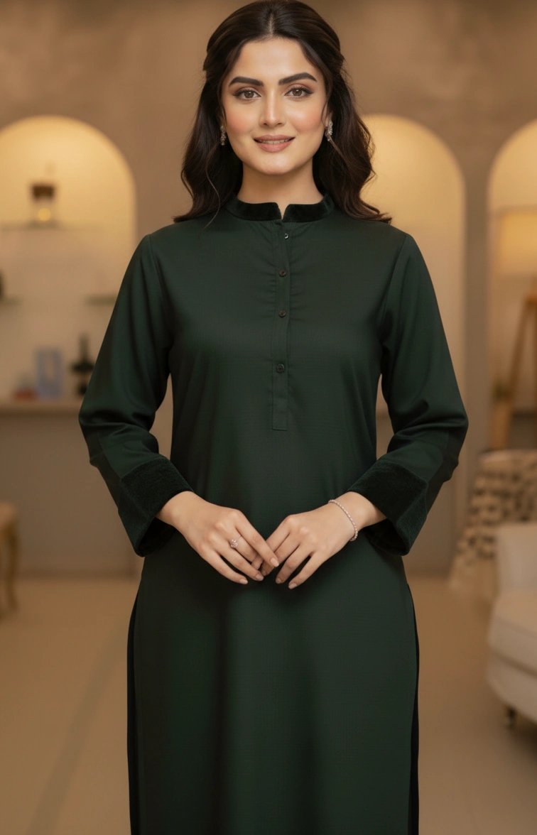 Bottle Green Wazir Easy Care Linen Kurta with Velvet Cuff & Collar