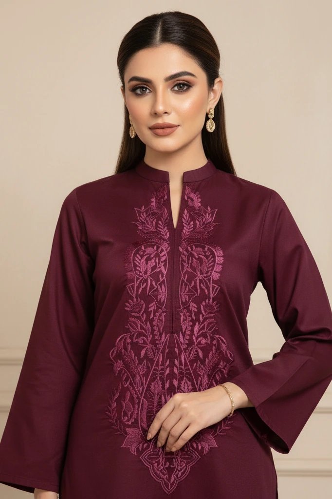 Maroon Aqsa Embroidered Easy Care Linen Kurta